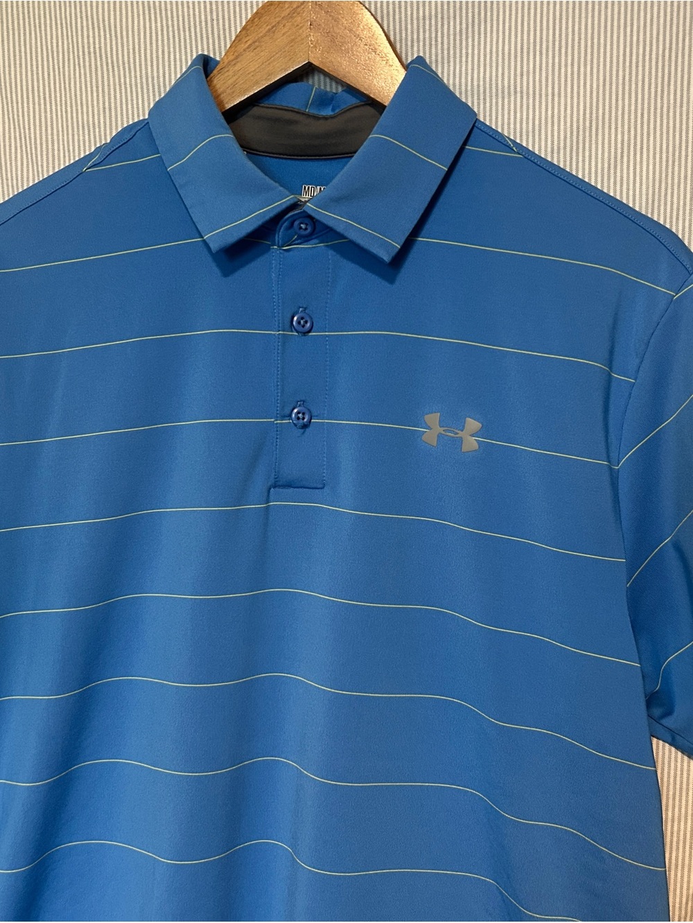 Under Armour Men’s Blue Polo with Thin Lime Stripes Medium